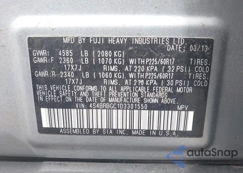 2013 Subaru Outback 2.5I Premium from USA, damaged, VIN 4S4BRBGC1D3301550